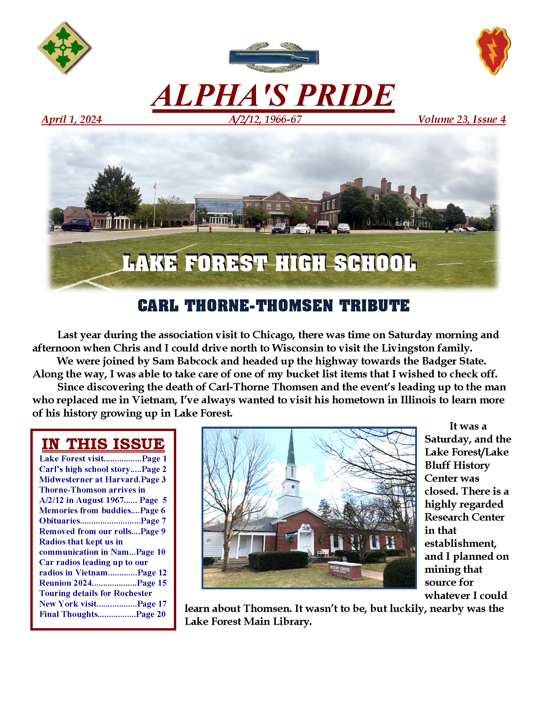 Front page of article by veteran Bill Comeau about researching at Lake Forest Library