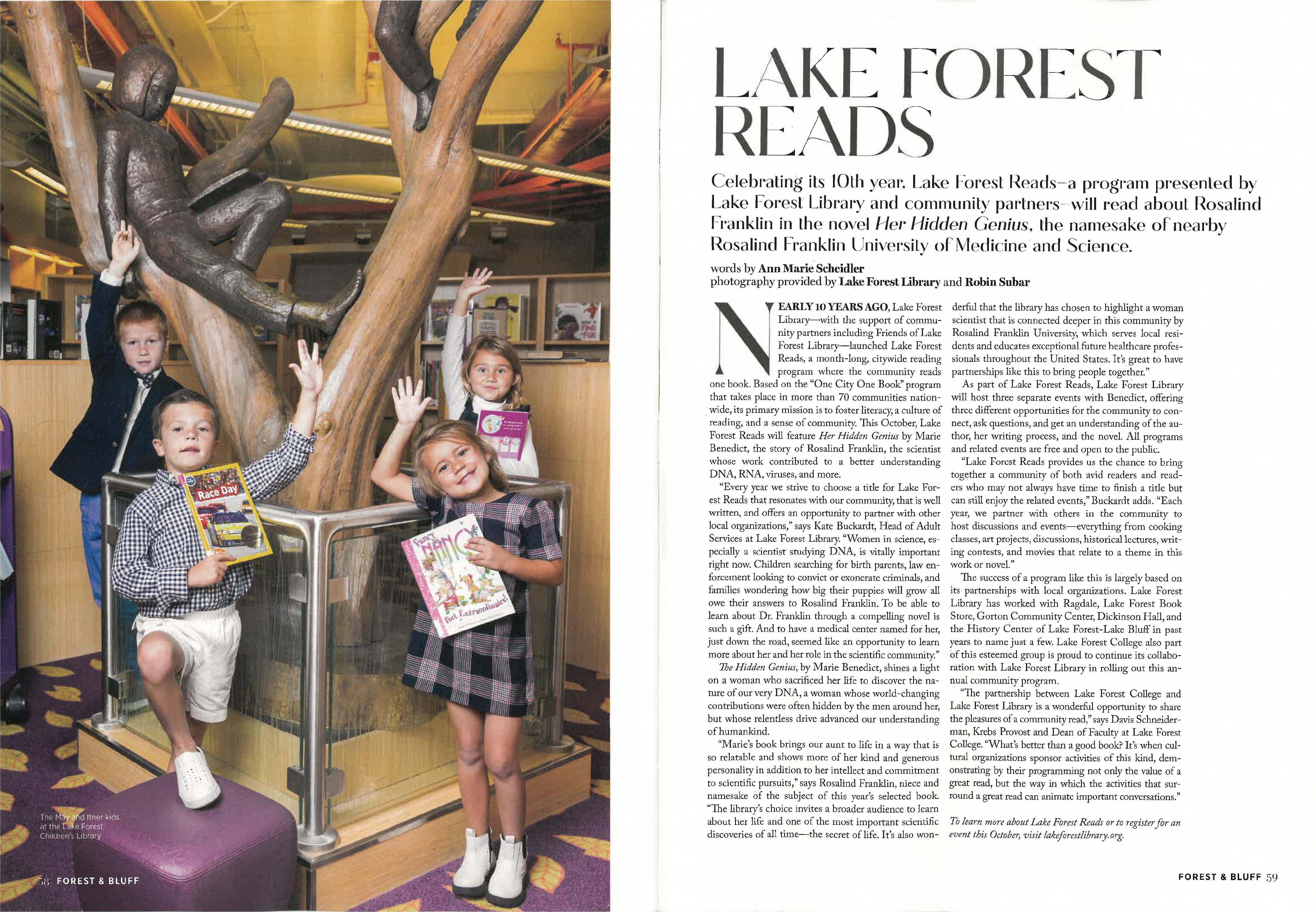 image of "Lake Forest Reads" article spread in Forest and Bluff Magazine