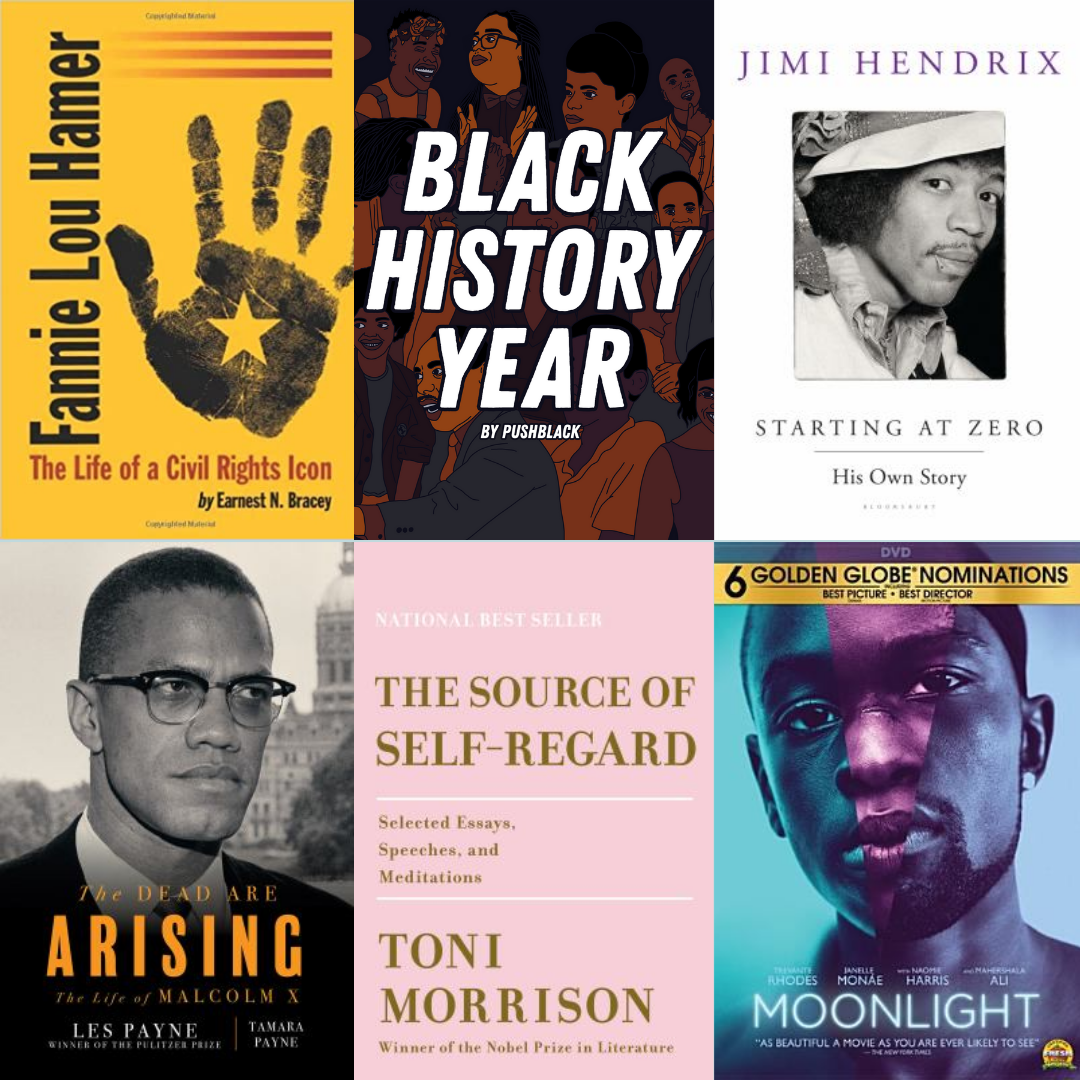 Collage of Books, Movies, and Podcasts relating to Black History Month