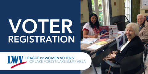 image of "Voter Registration with the League of Women's Voters and a photo of a representative signing up two patrons in our foyer at the Library"