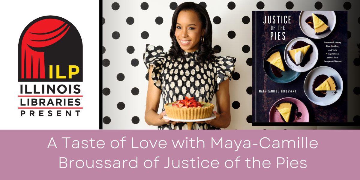 image of Maya-Camille Broussard, a black women with black hair to her shoulders wearing a black and white polkadot dress with puffy short sleeves holding a fruit pie and standing in front of a background of black and white dotted wallpaper, and author of the book Justice of the Pies also pictured. The book cover has a black background with white text and 5 multi colored plates placed around asymmetrically with cream pie on each